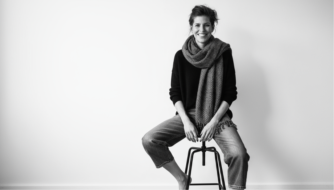Alexandra Fisher sitting on a stool wearing a scarf and black top against a white background